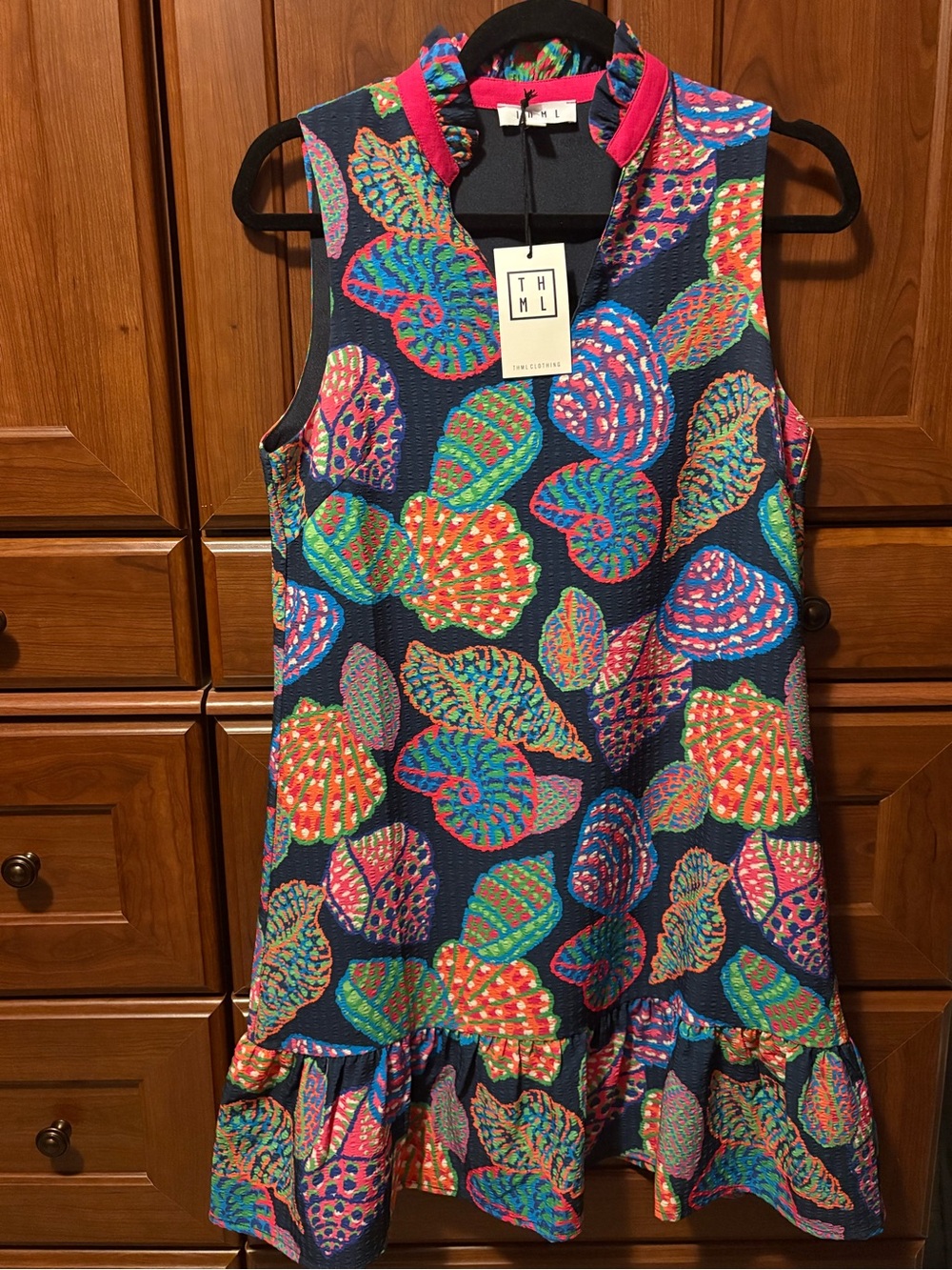 THML Navy Shell-Print Sleeveless Dress with Pink Trim
